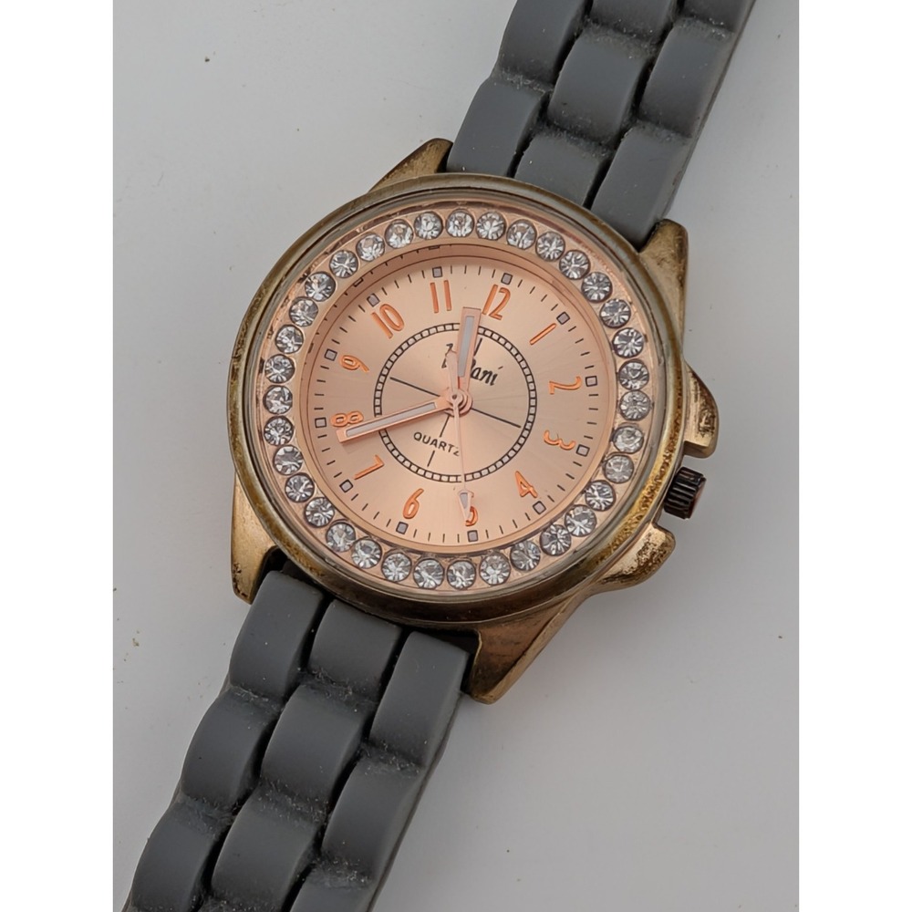 Vivani Watch Women 34mm Case‎ Rhinestones Gray Silicone Band- New Battery